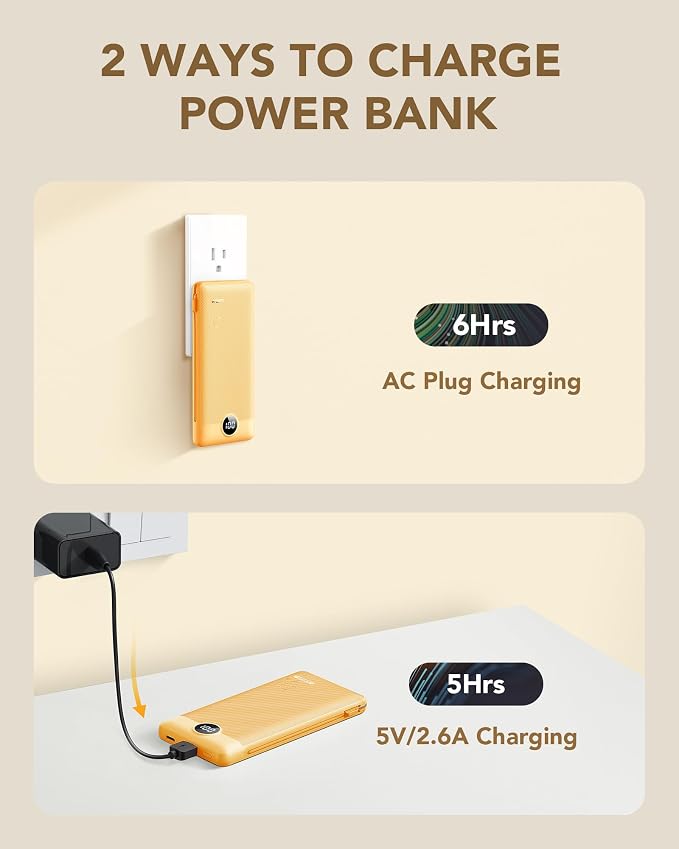 Portable Charger Built-in Cables and AC Wall Plug,VRURC Power Bank 10000mAh | Travel Battery Phone Charger Compact Lightweight External Battery Pack for Smart Phones, Tablets - Orange