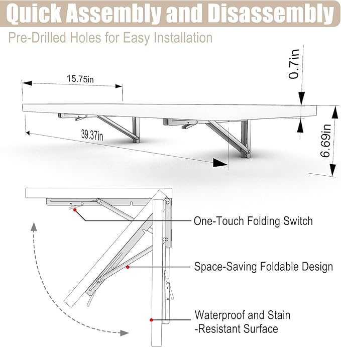 Wall Mounted Folding Table 40"x 16" with Removable Heavy-Duty Brackets Support Up to 200 Pounds Folding Desk for Small Space Home Laundry Room Office Rv Suitable for Solid Wall (White Marble Pattern)