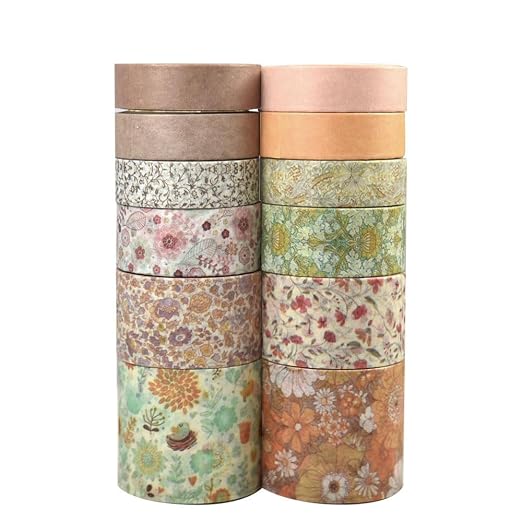CooBigo 12 Rolls Washi Tape Set, Decorative Masking Tapes for Arts Scrapbook Planner Journaling Supplies Gift Wrapping DIY Crafts (Flowers)