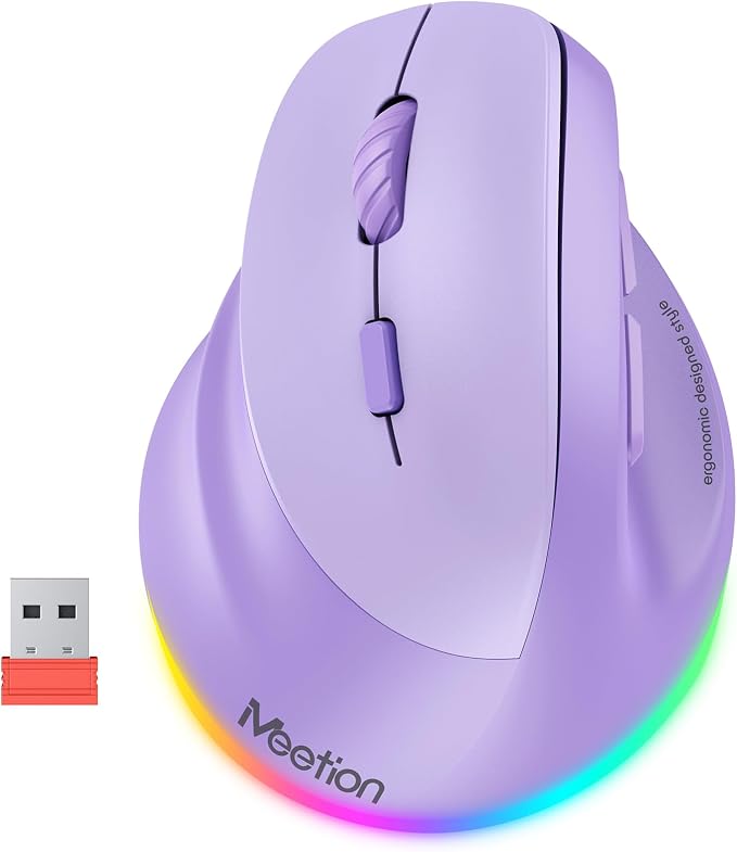 MEETION Left-Handed Mouse, Ergonomic Mouse Wireless Vertical Mouse, RGB Rechargeable Mice for Bluetooth(5.2 + 3.0) & USB, 4 Adjustable DPI for Mac/Windows/PC/Tablet/iPad Purple
