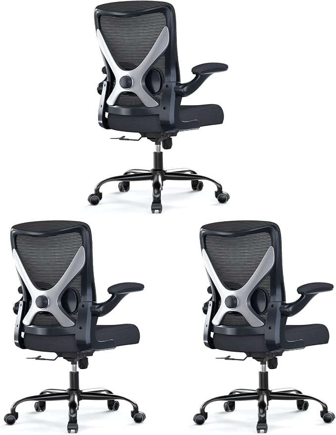 Ergalithic Office Chair: Mesh Ergonomic Desk Chair with 3D Lumbar & Swivel | 330LBS Computer Chair-Executive Task Chairs with Flip-up Arms Home Office Chairs Gaming Chair for Long Hours(Black-Pack of 3)