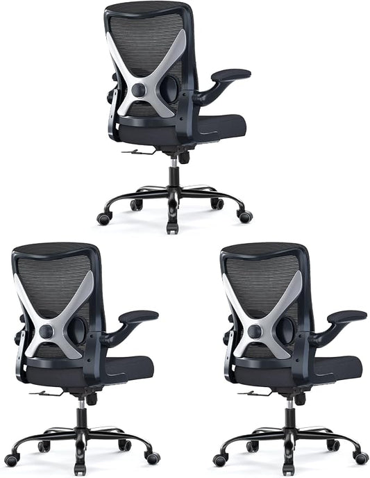 Ergalithic Office Chair: Mesh Ergonomic Desk Chair with 3D Lumbar & Swivel | 330LBS Computer Chair-Executive Task Chairs with Flip-up Arms Home Office Chairs Gaming Chair for Long Hours(Black-Pack of 3)