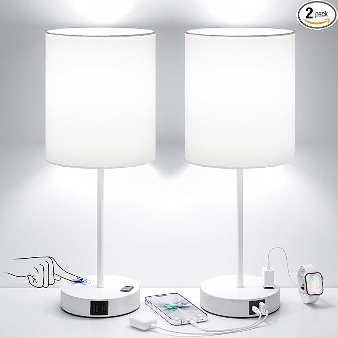 White Touch Lamps for Nightstand Set of 2 - Bedside Table Lamp for Bedroom with Dual USB Ports & AC Outlet, 3-Way Dimmable Lamps for Living Room Boys Room, Night Light with 5000K Daylight Bulbs