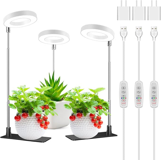 Kullsinss Grow Lights for Indoor Plants, 48 LEDs Full Spectrum Halo Plant Light for Indoor Plants, Height Adjustable Growing Lamp with Detachable Base, 3/9/12Hrs Timer, 10 Brightness, 3-Pack