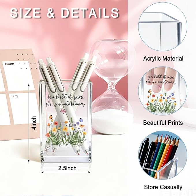 In A Field Of Roses She Is A Wildflower Acrylic Pencil Pen Holder Cup, Wildflower Makeup Brush Storage Organizer, Women Affirmation Desk Accessories Holder, Graduation Gifts for Daughter Niece