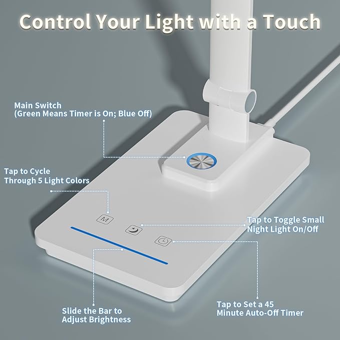 ELECTRI Desk Lamp for Home Office, Eye-Care Desk Light with Touch Control, 5 Color & Stepless Dimming, 360° Rotatable, Reading Lamp for Table Study Work Office Nail Craft Puzzle(with Adapter)