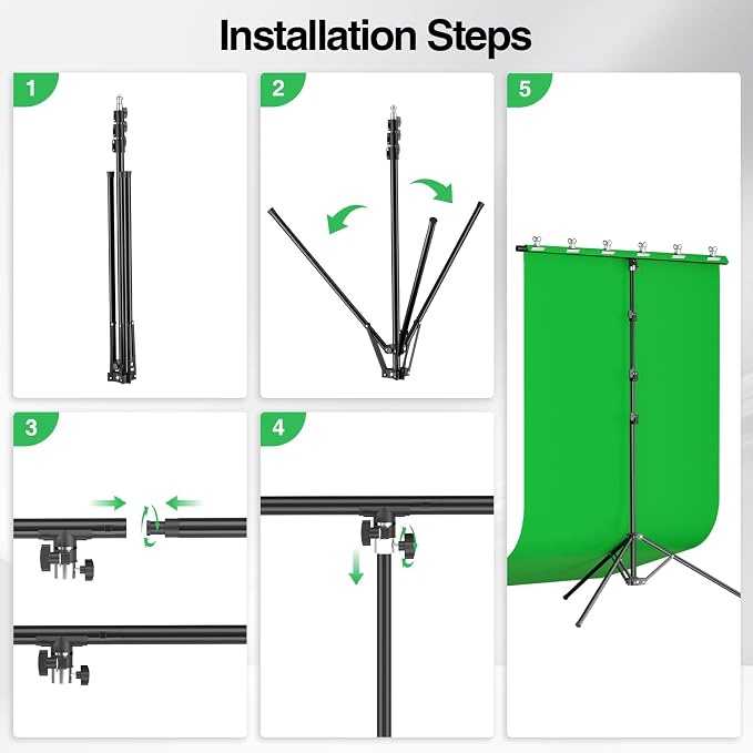 5x10ft Green Screen Backdrop Kit with Stand, Portable Greenscreen Background Includes Foldable T-Stand, 6 Clips and Carry Bag for Streaming, Gaming, Meeting, Video Production, Photography