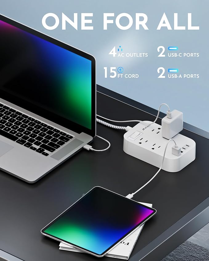 15FT Extension Cord, Flat Plug Power Strip with USB C, 4 Outlets with 4 USB Ports, Wall Mount, Overload Protection, Desk Charging Station for Office, School, Dorm Room Essentials, ETL Listed