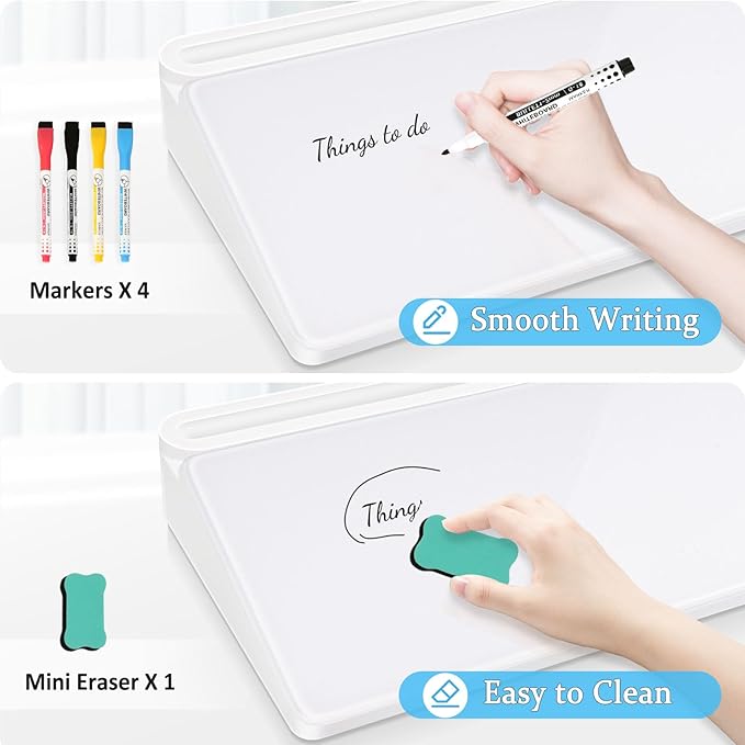 DOLLAR BOSS Glass Desk Whiteboard Small Dry Erase Board Desktop White Board with Storage Drawer Computer Keyboard Stand Desk Organizer Office Accessories Back to School Supplies with 4 Markers, White