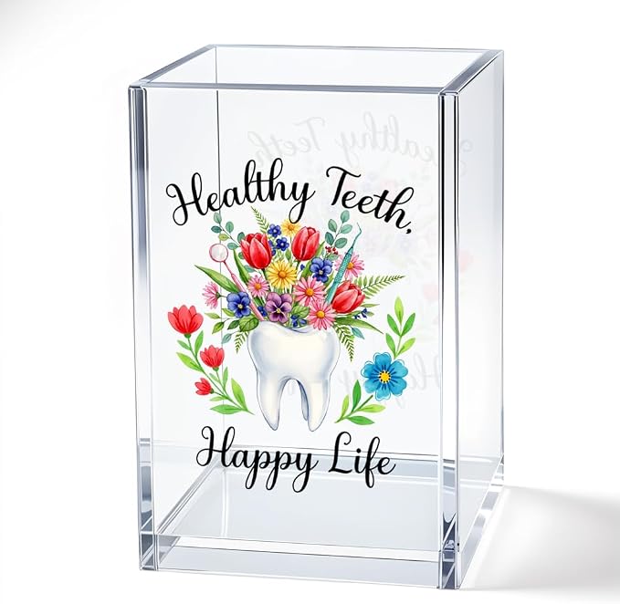 Healthy Teeth Happy Life Floral Nurse Acrylic Pen Holder Cup | Cosmetic Pencil Pen Bookmark Storage, Gifts for Dentist Dental Assistant Orthodontist, Gifts for New Dentists Med Student