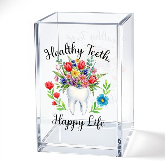 Healthy Teeth Happy Life Floral Nurse Acrylic Pen Holder Cup | Cosmetic Pencil Pen Bookmark Storage, Gifts for Dentist Dental Assistant Orthodontist, Gifts for New Dentists Med Student