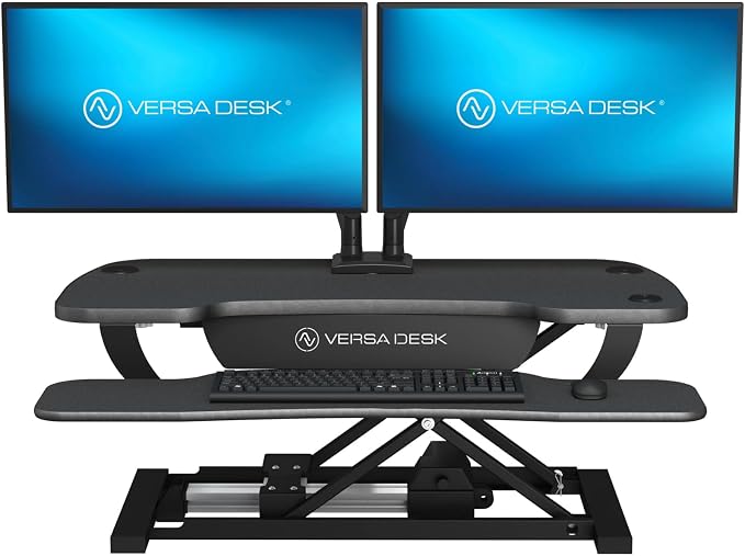 VERSADESK PowerPro 36 Inch Electric Standing Desk Converter – Push-Button Height Adjustable Sit to Stand Desk Riser for Dual Monitors & Laptop – Motorized Desktop Workstation with Wide Keyboard Tray
