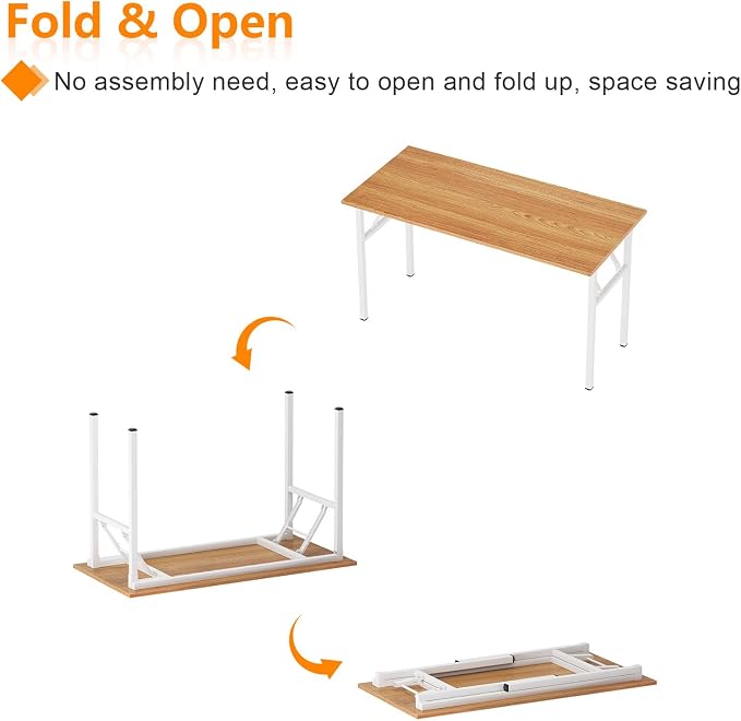 sogesfurniture Foldable Computer Desk 62 inches, Modern Large Folding Sturdy Laptop Workstation for Home Office, No Assembly Portable Study Table Writing Gaming Desk for Small Spaces, Teak White