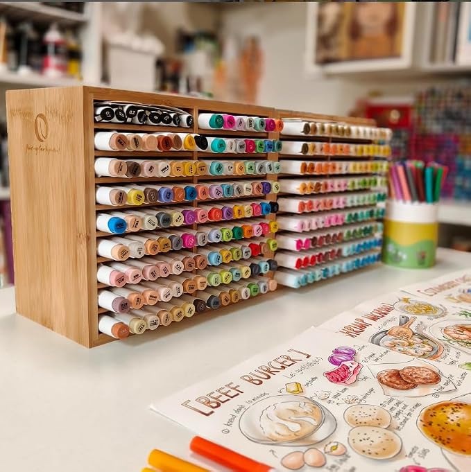 Ohuhu Bamboo Marker Organizer, Wooden Desktop Storage Hold 126 Markers, Pens, Pencils, Art Brushes Stationary Organizer Pencil Holder with 18 Compartments for Home, Classroom, Office Decor