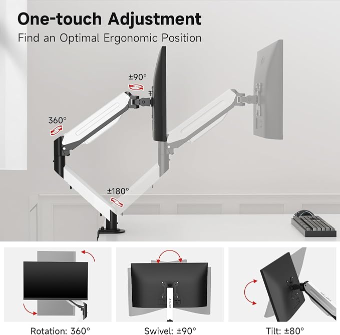 Suptek Monitor Mount Gas Spring Monitor Arm Desk Mount Fully Adjustable Fits 17 20 22 23 24 26 27 32 35 inch Monitors Weight Capacity up to 24.25 lbs (Black+White, 17"-35")