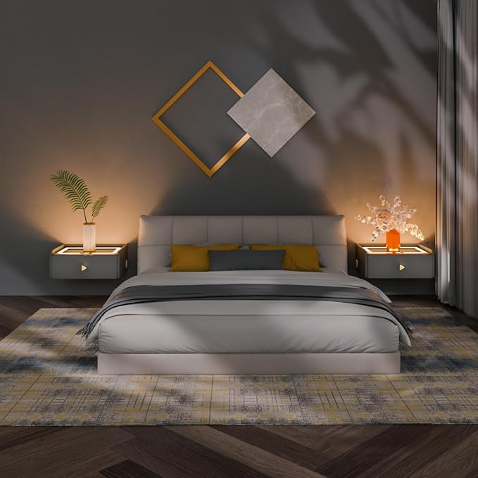 HOMEMORE Floating Nightstand with Charging Station Bedside Table LED Smart Bedside Table Wall Mounted Nightstand Grey