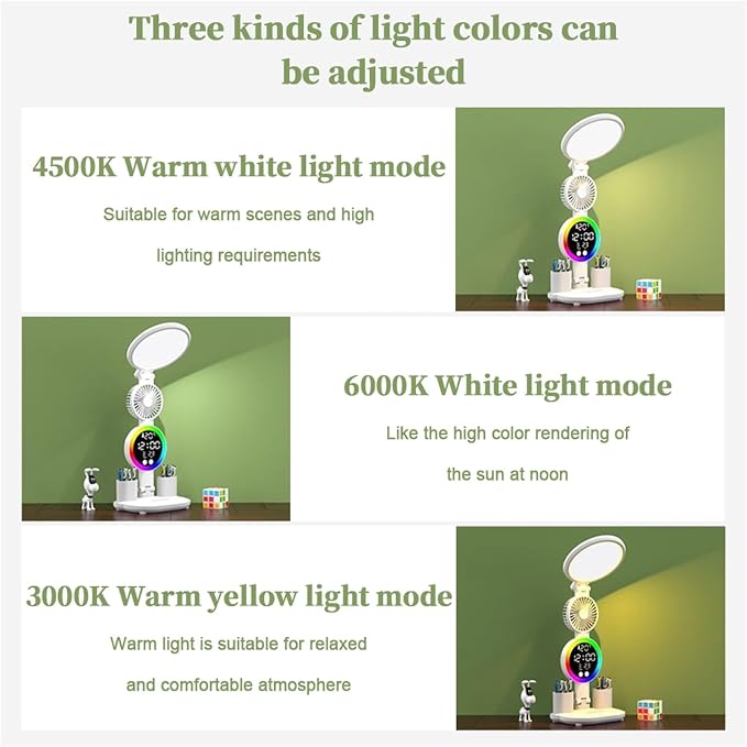 ikaufen Multifunctional LED Desk Lamp with Cooling Fan Digital Time Temp Display 3 Color Mode Stepless Dimmable Eye-Caring Table Light Foldable Pen Holders USB Type-C (Round Light, Touch)