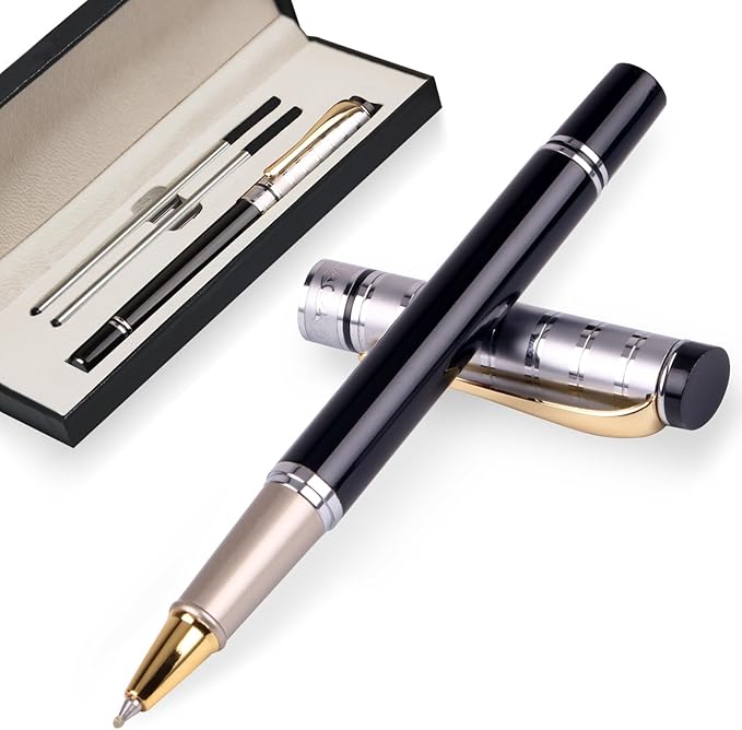 Luxury Gel Ballpoint Pens,Personalized Ink Pen Set with 3 Refills (Black/Blue/Red), Ultra-Smooth Writing Experience, Perfect for Gifts,Business,Office (Silver Black)
