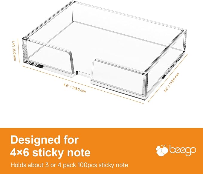 BEEGO Sticky Note Organizer - 4x6 in Crystal Clear Acrylic Notepad Holder & Dispenser for Dorm Room Office Desk Organization