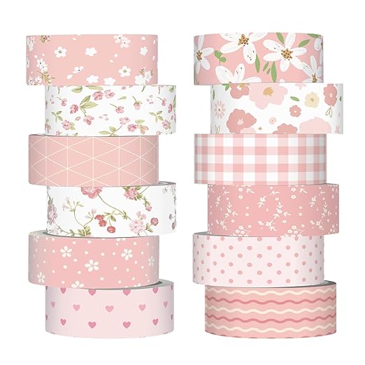 12 Rolls Watercolor Floral Washi Tape Set 15 mm Vintage Flower Decorative Masking Tape for Summer School Arts DIY Craft Scrapbook Journal Supplies Gifts(Pink,Sweet)