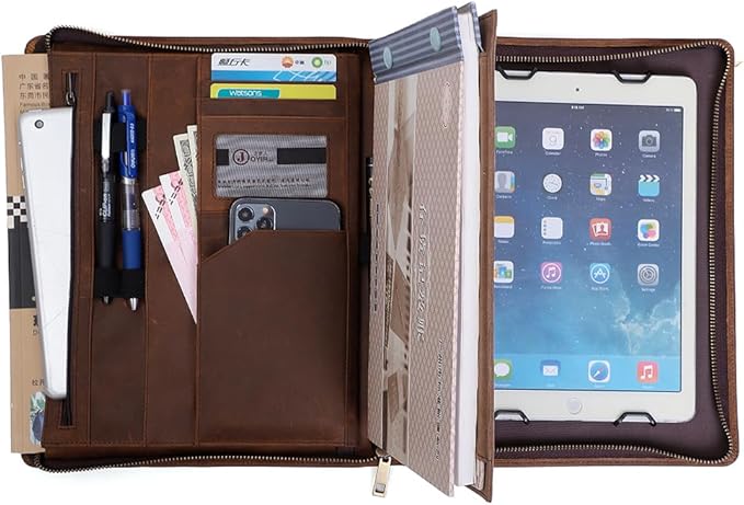 Crazy Horse Leather Portfolio Binder with 3-Zipper, Executive Padfolio Business Organizer & Resume Portfolio with iPad Holder, Legal Pad Portfolio for Men, Meetings, Interviews & Business Travel
