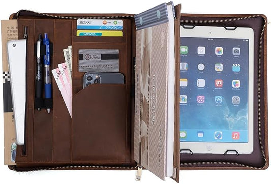 Crazy Horse Leather Binder Portfolio - 9x11 Inch Executive Organizer for iPad, Legal Pads Documents | Zippered Business Gift for Men & Women