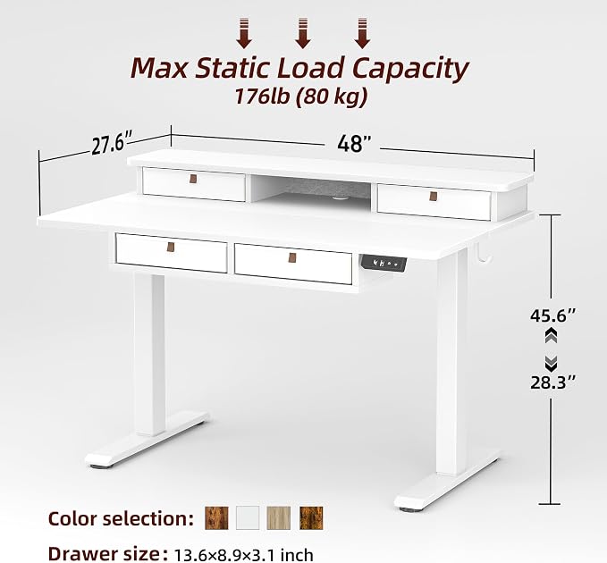TIQLAB 48 * 28 Inch Standing Desk with Four Drawers, Electric Sit Stand Table, Stand Up Desk Adjustable Height with Storage Shelf, Splice Board, White