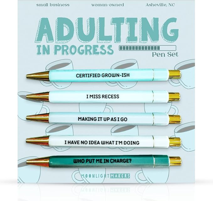 Moonlight Makers Funny Pens and Notepad Stationery Set - 5 Sarcastic Engraved Ballpoint Pens, Black Ink, Funny Office Gifts for Women, Teachers, Coworkers, Novelty Gag Gift Set - Adulting in Progress