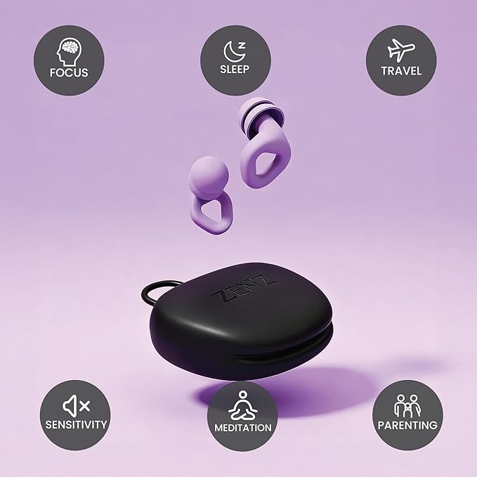 Zenz Unwind Pro Ear Plugs for Sleeping Noise Reduction – Soft Silicone Reusable Earplugs for Sleep, Focus & Work – 35dB Noise Reduction with Storage Case – XS/S/M/L Eartips (Nebula Purple, One Size)