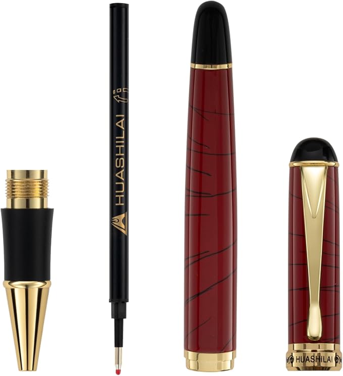 Luxury Metal Rollerball Pen Set – Stainless Steel Barrel, Cool Fine Point Pen with Gift Box & 2 Extra Refills – Premium Business & Signature Pens for Men & Women (Red)