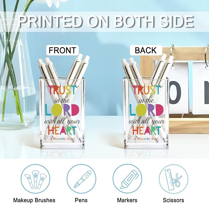 Trust In The Lord With All You Heart Acrylic Cosmetic Holder, Bible Verse Encouraging Makeup Brush Holder, Ideal for Jewelry Accessories Holding, Proverbs 3:5 Inspirational Gifts for Women Her