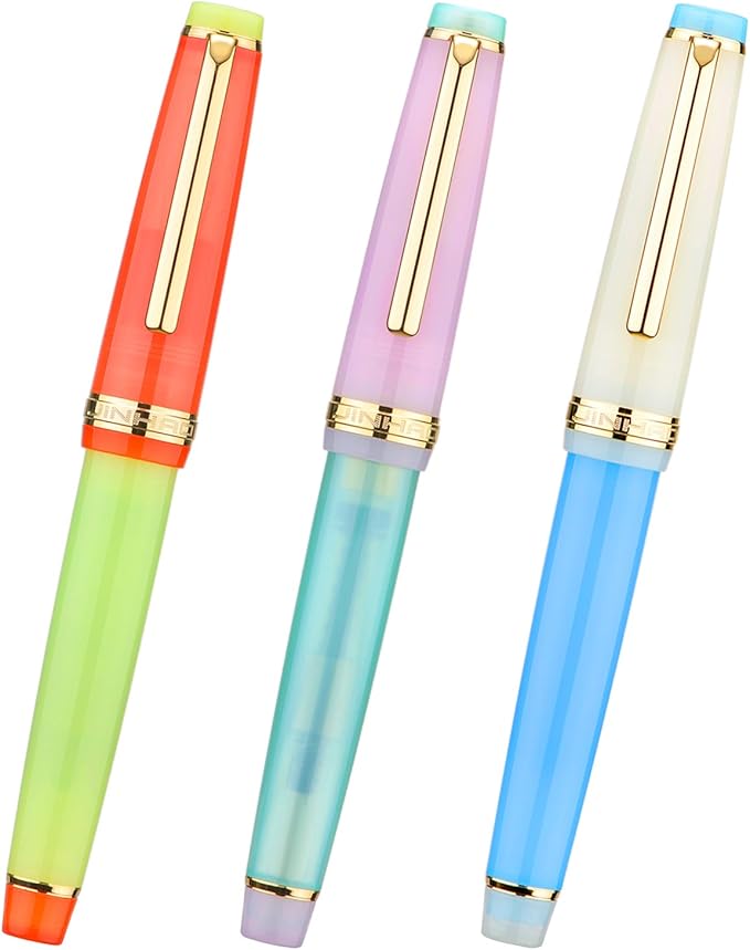 3 Jinhao 82 Fountain Pen Transparent Mixed Macaron Color Acrylic Extra Fine Point Gold Trim with Converter Set