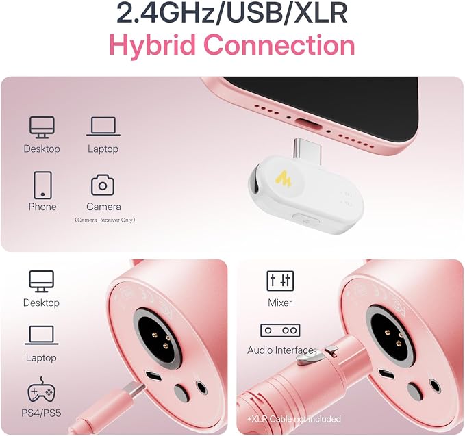 MAONO PD200W Hybrid Wireless Podcast Microphone for PC, XLR USB Dynamic Mic Kit with Boom Arm, Software, Noise Cancellation, for Vocal Recording, Streaming, Content Creation, Home Studio, Pink