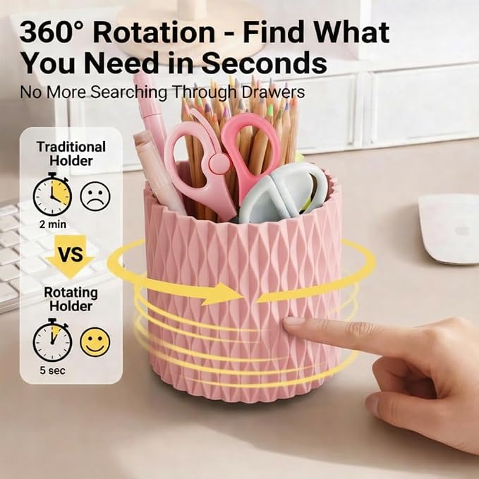 Pink Pen Holder for Desk, 360° Rotating Pencil Organizer, 5 Slots | Spinning multi-use organizer holds pens, makeup brushes, art supplies & markers — desk caddy for office, classroom or vanity