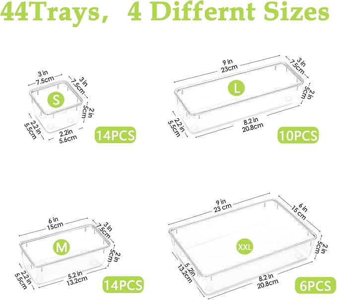 Clear Acrylic Drawer Organizer Trays, 5 Size Junk Box Organization Small Storage Container Bin for Desk Makeup Bathroom Vanity Kitchen Tool Make Up Workspace Home Dorm Apartment Office Room Nightstand