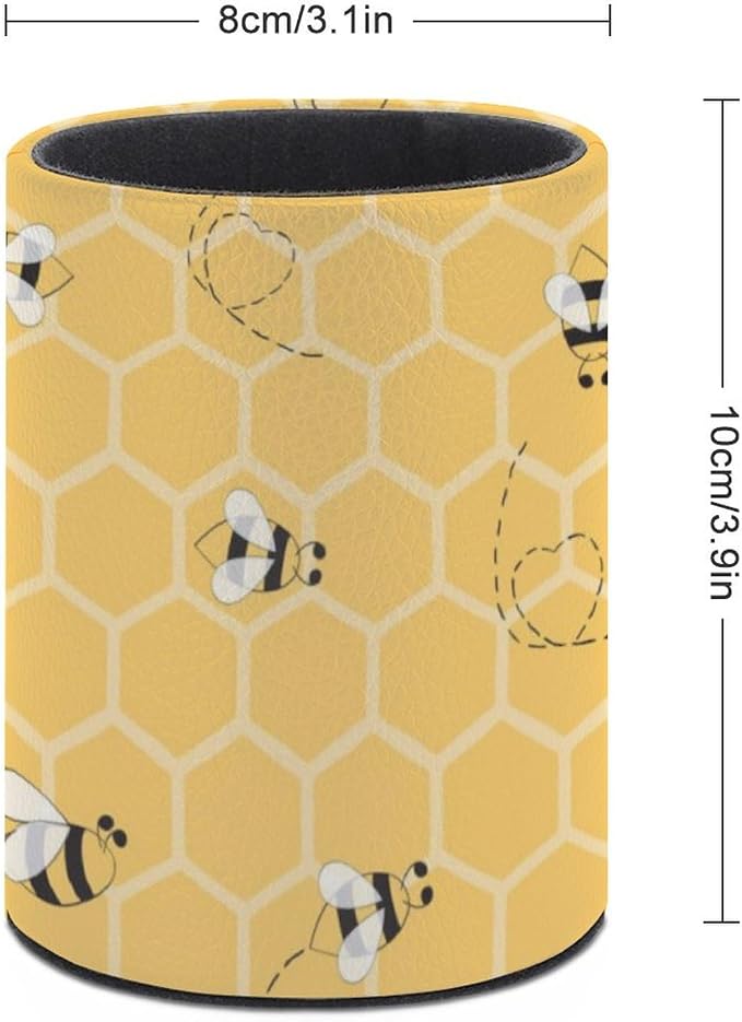 Bee Pen Holder for Desk PU Pencil Cup Organizer | Round Desks Makeup Brush Holder for School Multifunctional Office Supplies