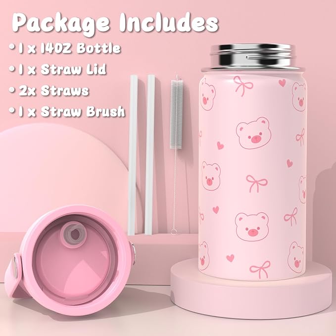 ACESAK Backpack for Girls with Insulated Water Bottle - 4 PCS Cute Girls Backpack with Lunch Box, Pencil Case & Kids Cup Set - 14oz Kids Water Bottle with Straw Set Back to School Supplies (Pink)