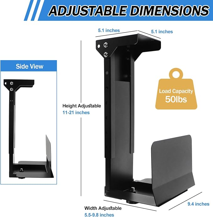 TooCust Heavy Duty Under Desk PC Mount & Full Tower PC Wall Mount - Adjustable Width 5.5" to 9.8", Height 11"-21" - Computer Tower Stand Under Desk & Standing Desk PC Mount, Black