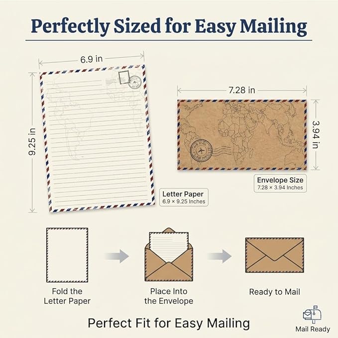 90 Pack Airmail Stationery Paper Set, Vintage Letter Writing Paper and Envelopes Set for Invitations, thank you Letters, or Casual Letters(6.9 x 9.25 In)