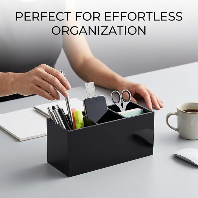 Black Acrylic Pen Holder for Desk, 3 Compartment Desktop Organizer & Pencil Cup, Makeup Brush Holder for Countertop, Multi-functional Pen Pencil Brushes Holders Caddy (Glossy Black)