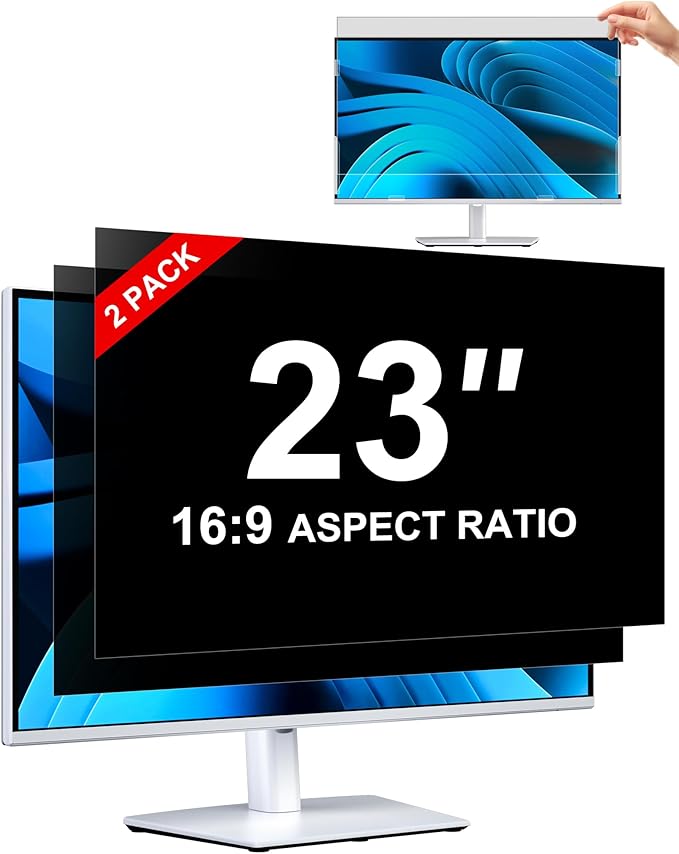 [2-Pack] Privacy Screen For Computer Monitor, 23-Inch 16:9 Aspect Ratio; Anti Spy/Bule Light/Glare And Eye Protection, 2 Install Ways Removable For Office, Airport, Cafe And Other Public Area; Diagonal 23 Inches, Width 20.05 Inches, Height 11.28 Inches