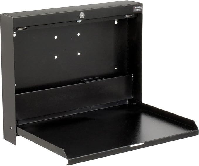 Global Industrial Wall Mounted Fold Down Shop Desk with keyed Lock, 50 Lbs Capacity, Steel Construction, 20" W x 3-3/8"D x 16-3/8"H, Black Powder Coat Finish