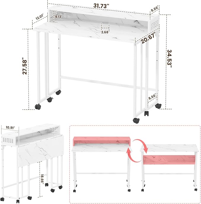 Gezen Folding Desk with Storage Shelf, Mobile Couch Desk Sofa Side Table Bed for Home Office Small Space, White Marble, 31.5