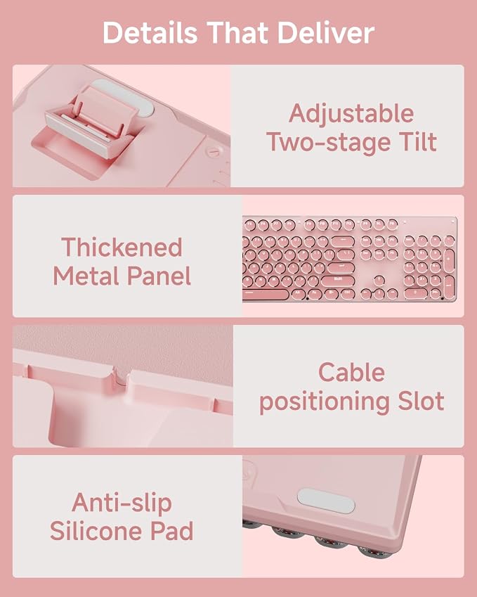 TK950 Typewriter Wireless Mechanical Keyboard, Aesthetic Tri-Mode Bluetooth/2.4G/Wired Retro Punk Typewriter Keyboard with White Backlit, Blue Switch, Round Keycaps for Laptop/Mac/iPad/Win, Pink