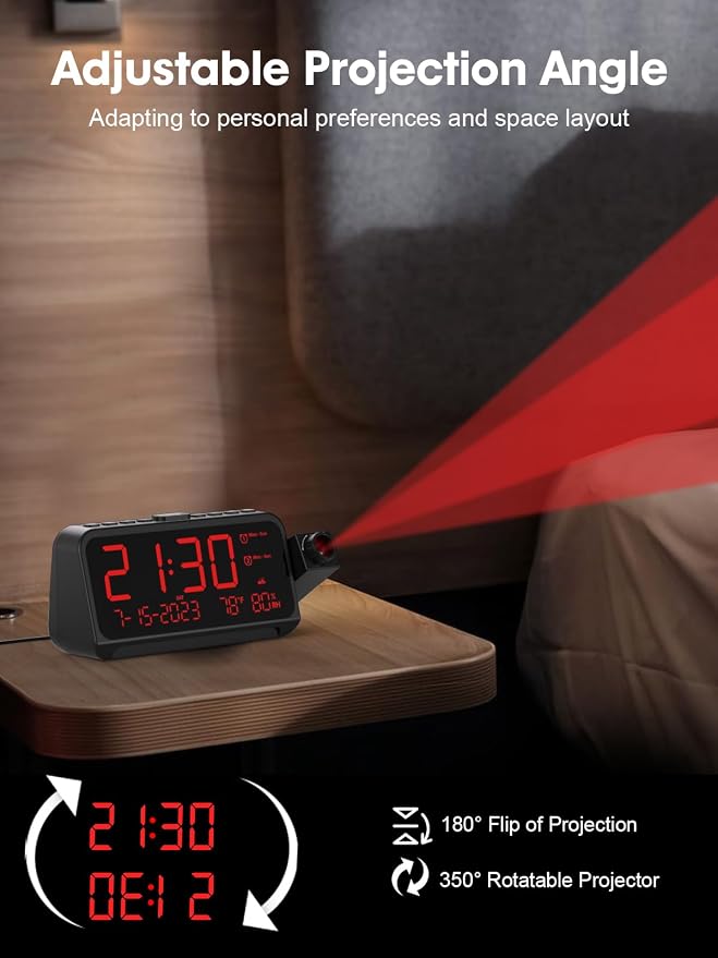 ROCAM Projection Alarm Clock with 180° Ceiling Projector & Digital Display | 5-Level Dimmer, Dual Alarms, Night Light, Temp & Humidity Display, Weekday/Weekend Mode, DST, Snooze Function for bedroom