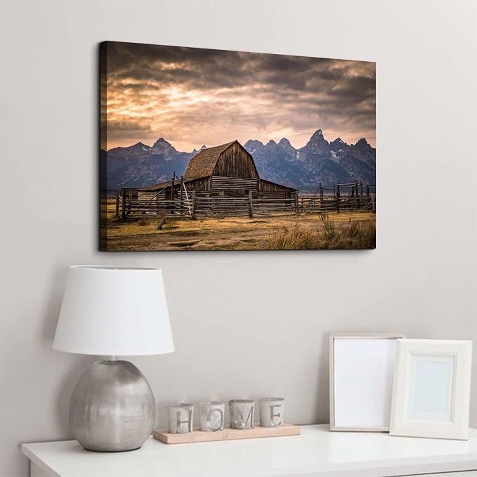 Grand Teton National Park Canvas Wall Art Sunset Moulton Barn Landscape Wall Decor, Wyoming Nature Mountains Scenery Picture Artwork Painting Decoration for Home Living Room Bedroom Kitchen 16x24"