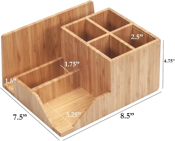 MobileVision Bamboo Multi-Function Desktop Organizer; Store stationary items like notepads, file folders, paperclips, business cards, pens, & more