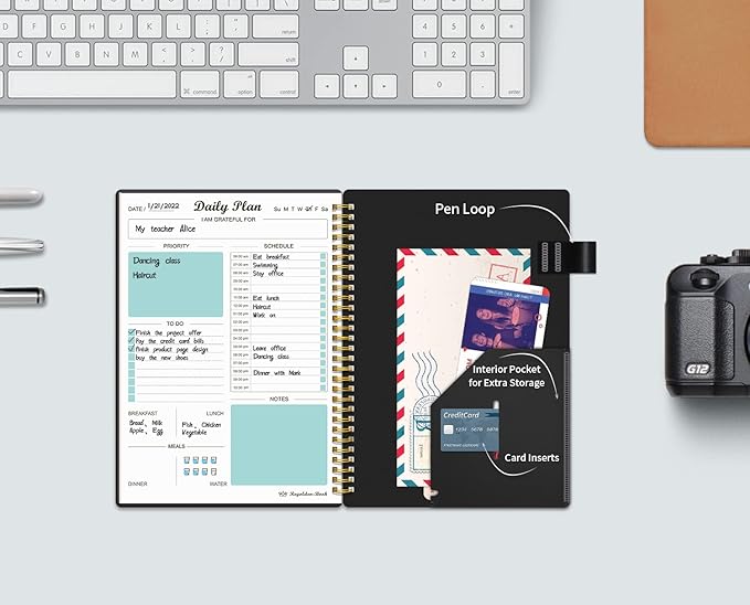 Daily Planner Undated, To Do List Notebook with Hourly Schedule Calendars Meal, Spiral Appointment Organizers Notebook for Man/Women, Pocket, Pen Loop, 160 Pages (5.5x8.5")