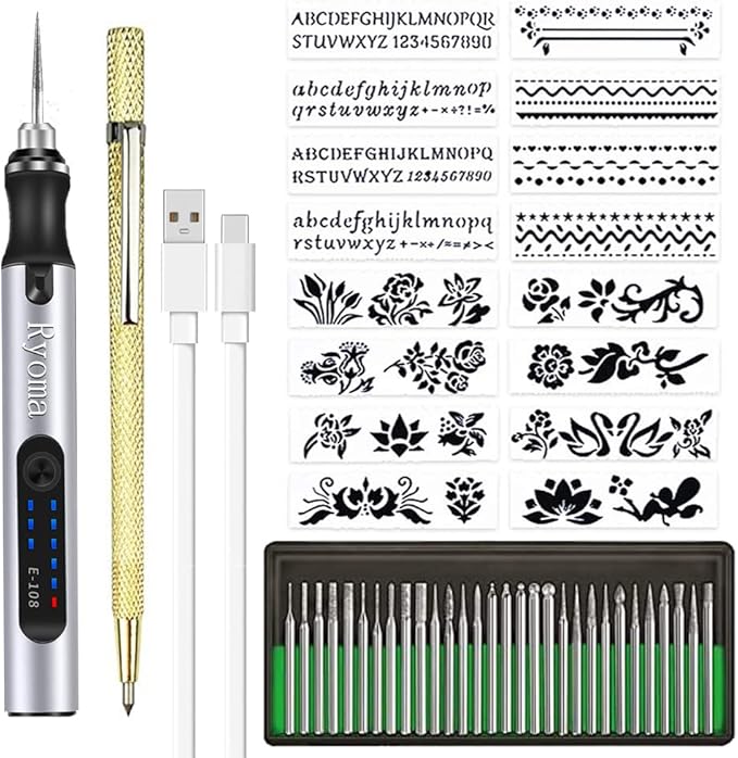 Rechargeable cordless Electric Micro Engraver Pen Mini DIY Engraving Tool Kit for Metal Glass Ceramic Plastic Wood Jewelry with 30 Bits and 16 Stencils and 1 Scriber Pen