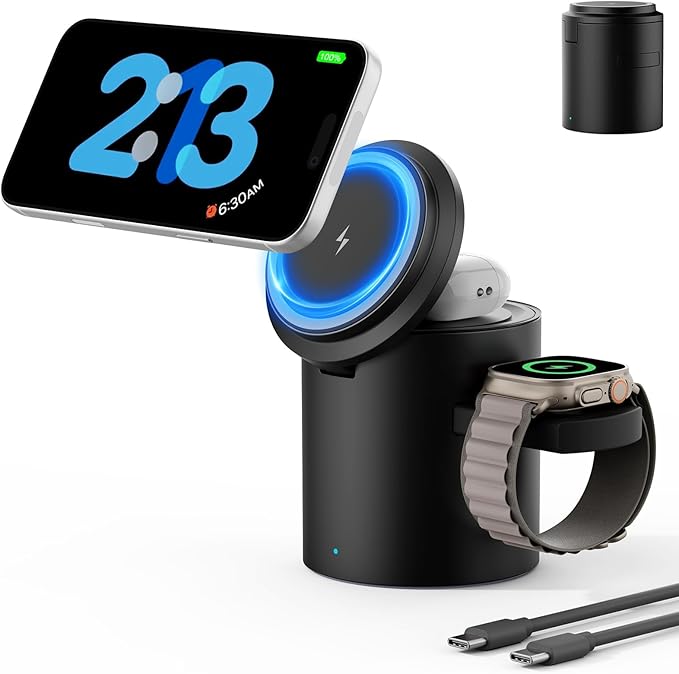 Foldable 3in1 Magnetic Wireless Charger,15W • Silent • Travel Ready, for iPhone17-12, Fast Charging Station for Apple Watch AirPods, Portable MagSafe Charger with Stand Mode for Travel & Desk